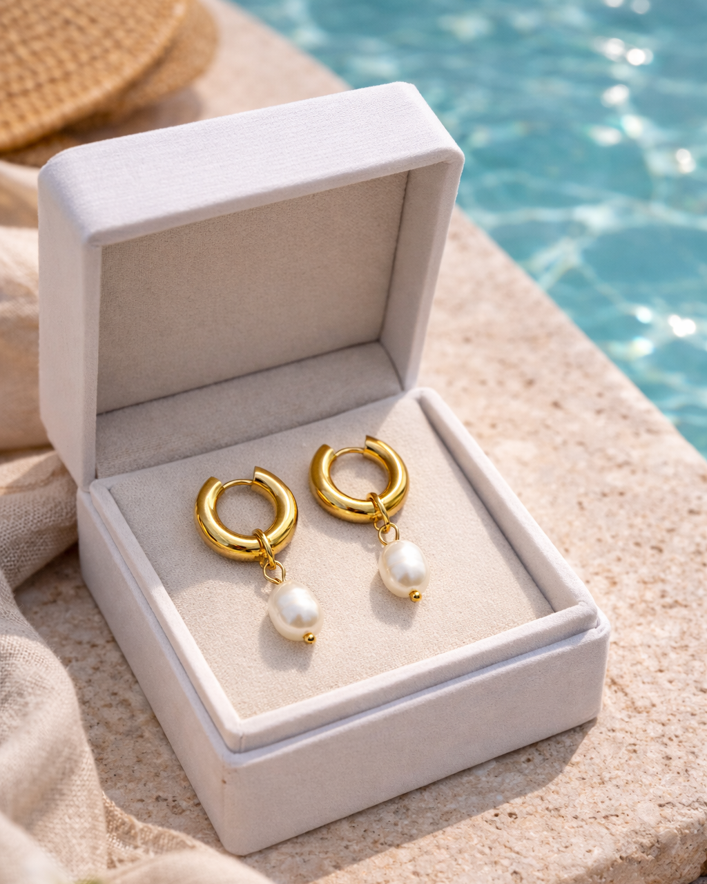 Goldene Creolen mit Süßwasserperle in weißer Schmuckbox am Pool bei Sonnenlicht