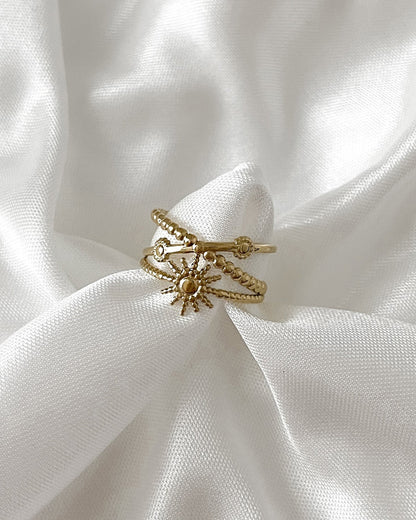 Wasserfester Edelstahl Ring mit Sonnendesign, größenverstellbar in gold.