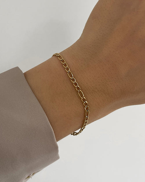 Feines, wasserfestes Edelstahl Armband mit gröberen Gliedern, getragen am Handgelenk in gold.