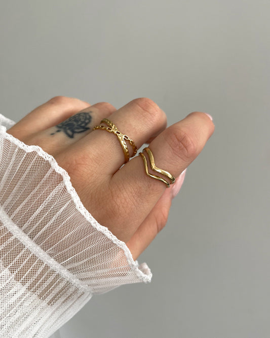 Wasserfester, verstellbarer Edelstahlring in gekreuztem Kettendesign, in gold getragen am Finger.