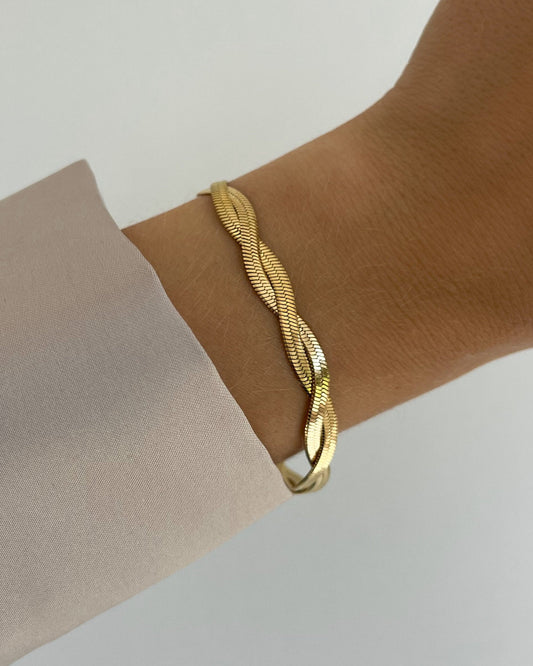 Wasserfestes Edelstahl Armband in gedrehtem Schlangendesign, getragen am Handgelenk.