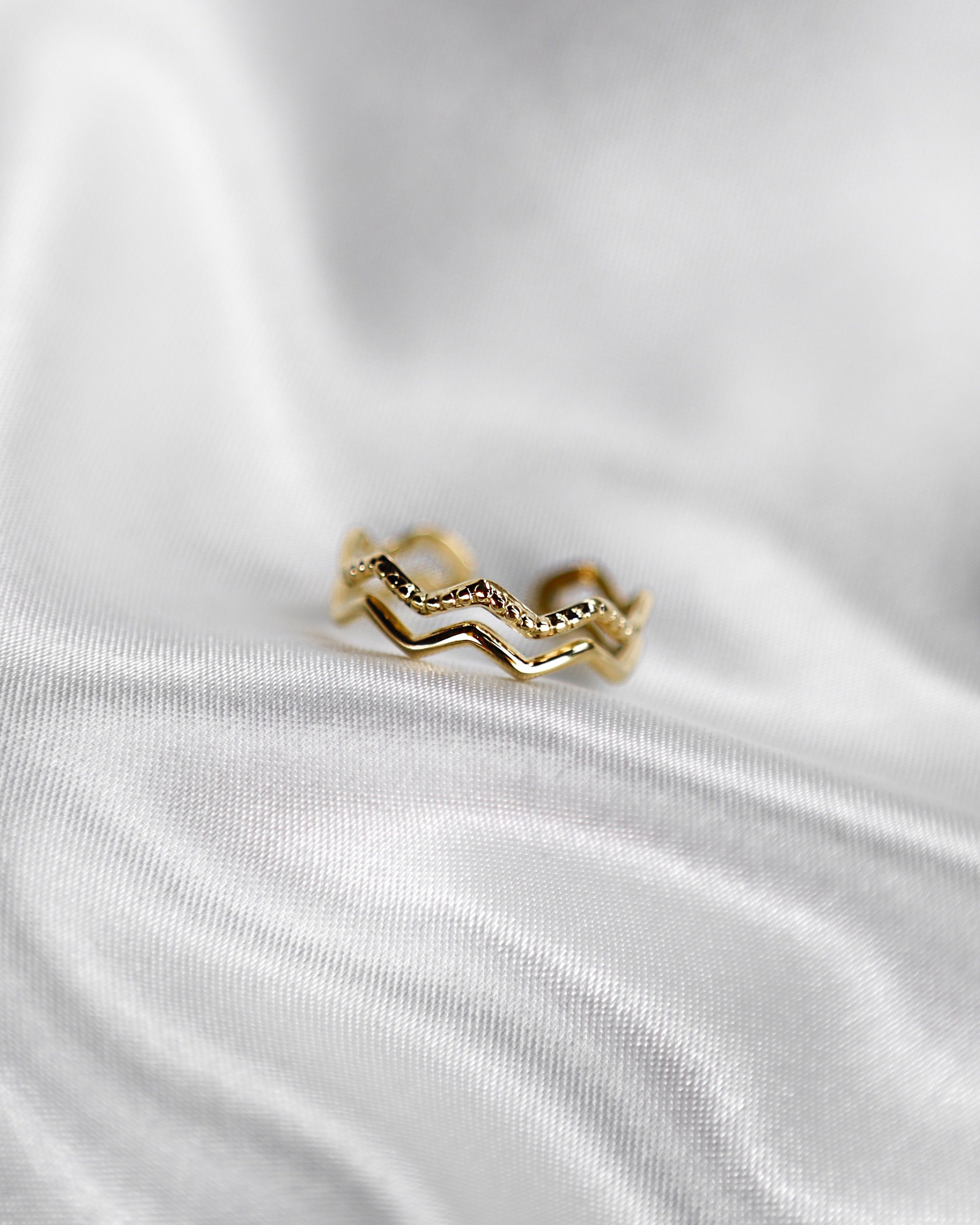 Wasserfester Edelstahlring hat ein doppeltes, geschwungenes Design in gold.