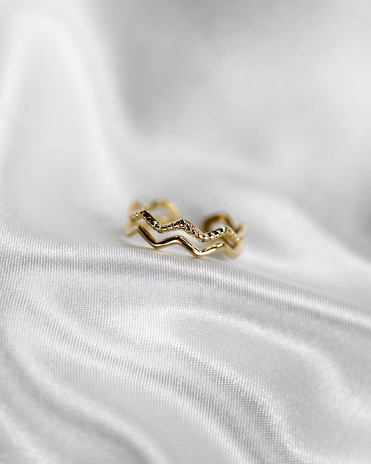 Wasserfester Edelstahlring hat ein doppeltes, geschwungenes Design in gold.