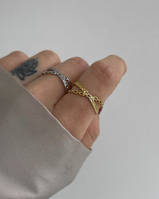 Wasserfester, verstellbarer Edelstahlring in gekreuztem Kettendesign, in gold und silber, getragen am Finger.