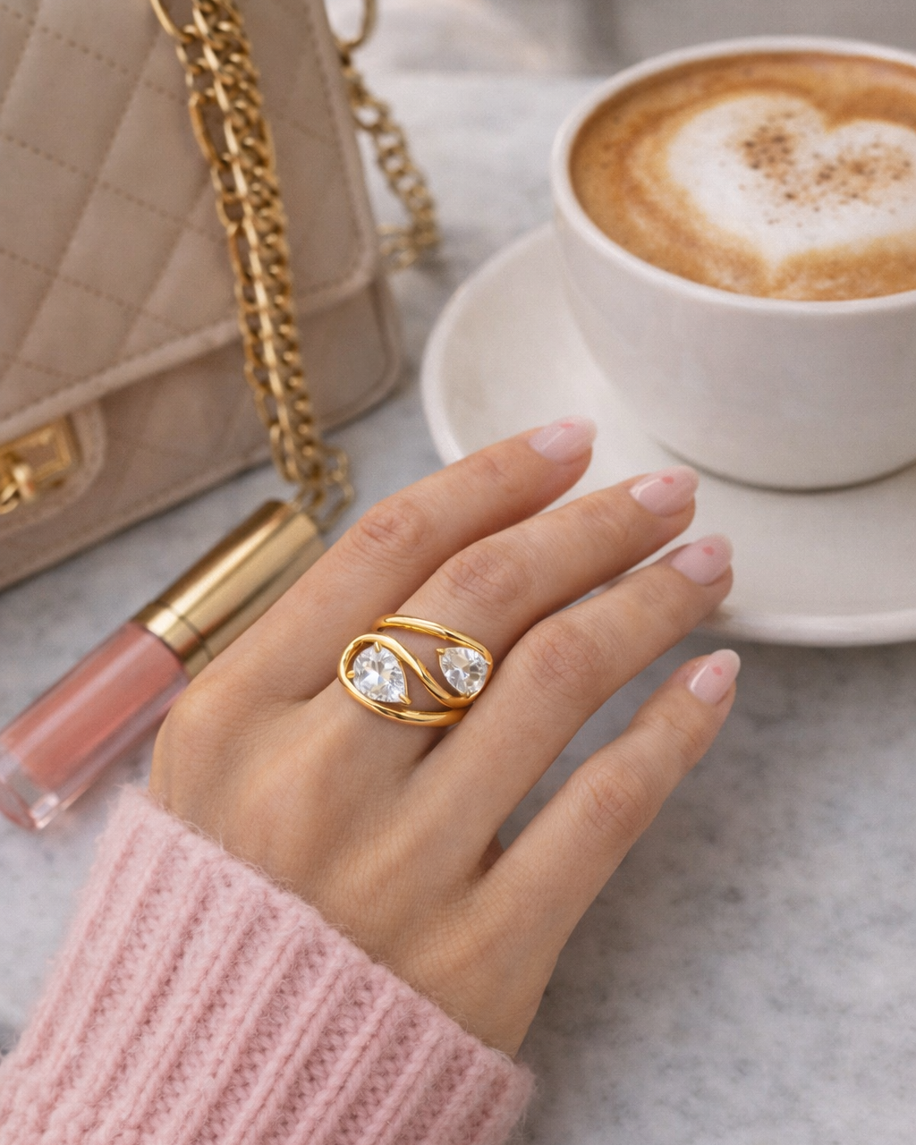 Twin Drop Ring | 18K vergoldet mit Zirkonia | wasserfest