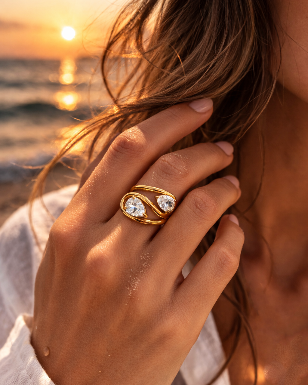 Twin Drop Ring | 18K vergoldet mit Zirkonia | wasserfest