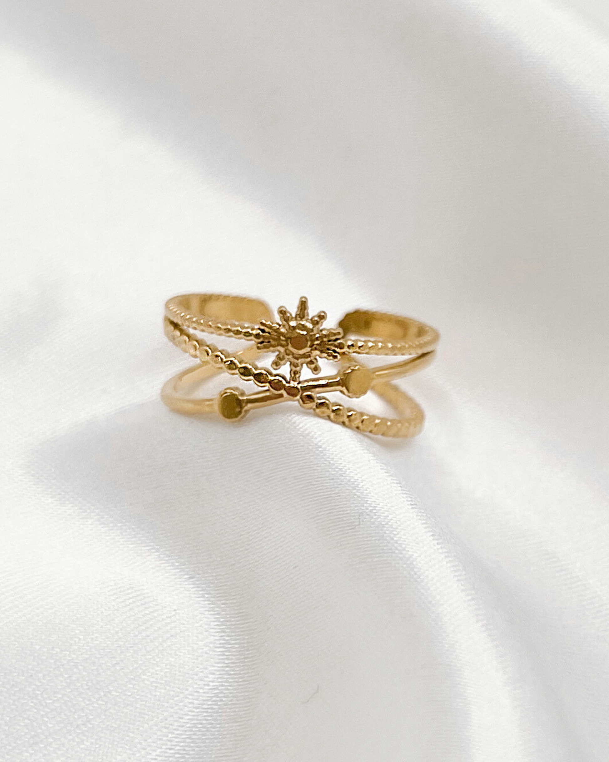 Wasserfester Edelstahl Ring mit Sonnendesign, größenverstellbar in gold,