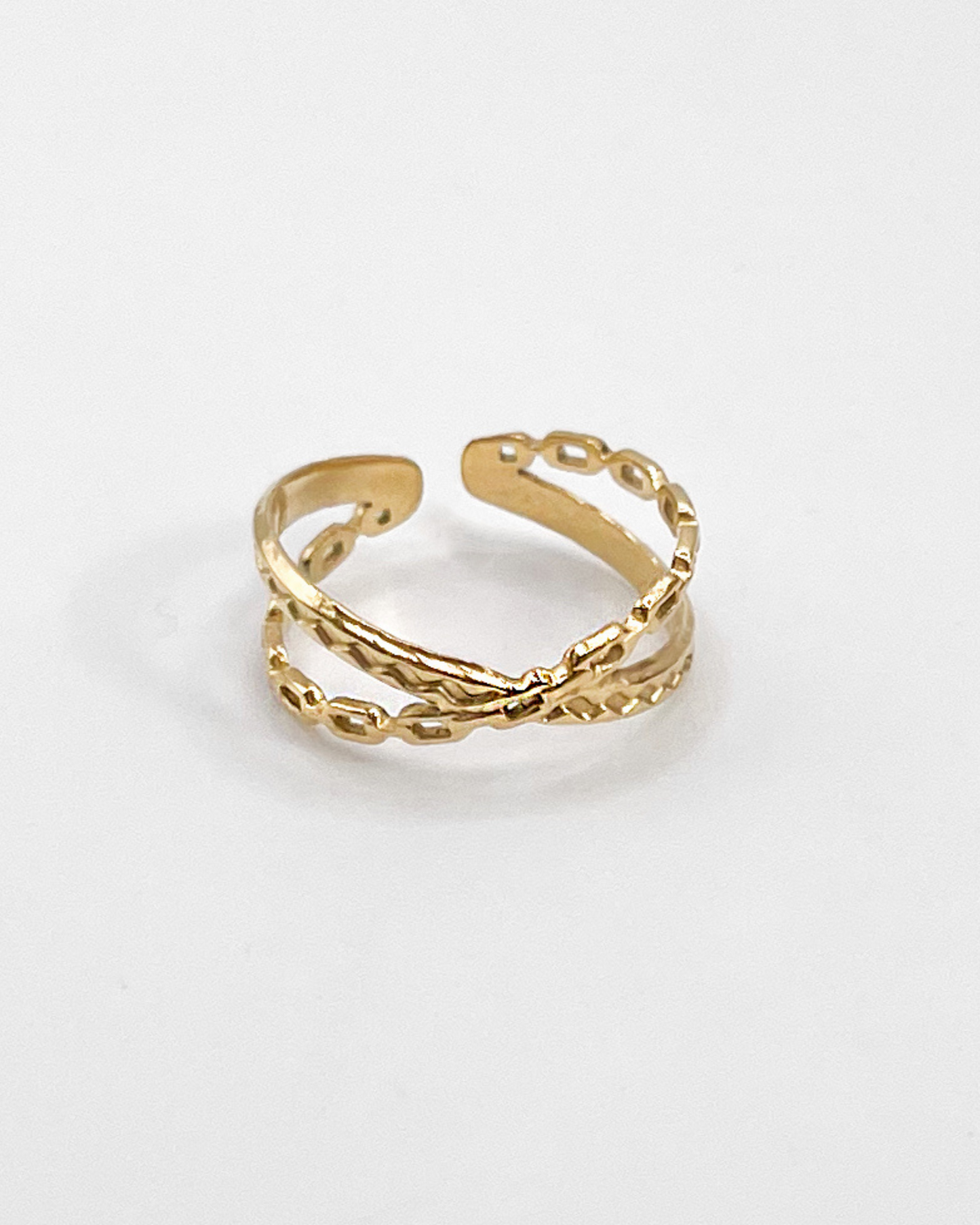 Wasserfester, verstellbarer Edelstahlring in gekreuztem Kettendesign in gold