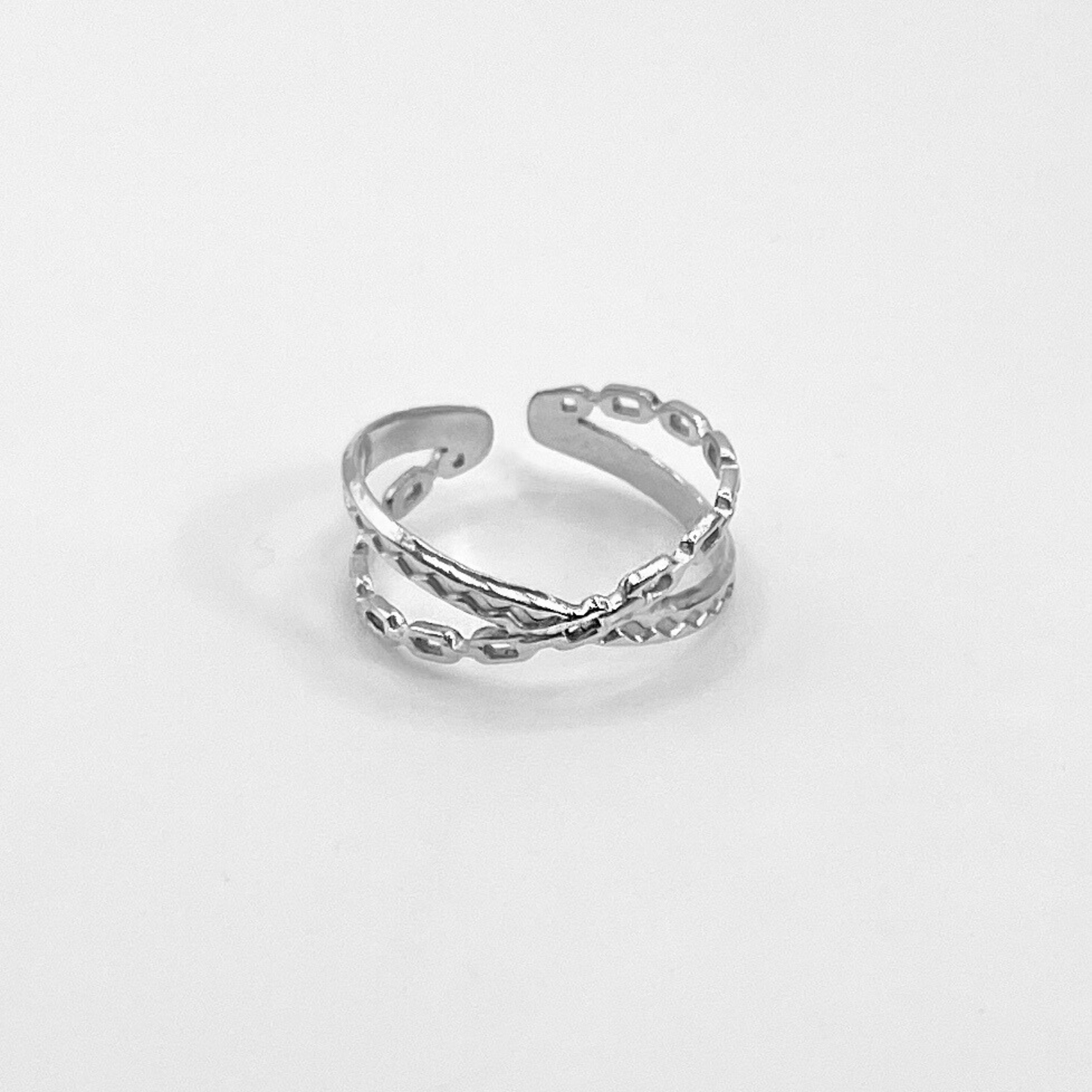 Wasserfester, verstellbarer Edelstahlring in gekreuztem Kettendesign in silber
