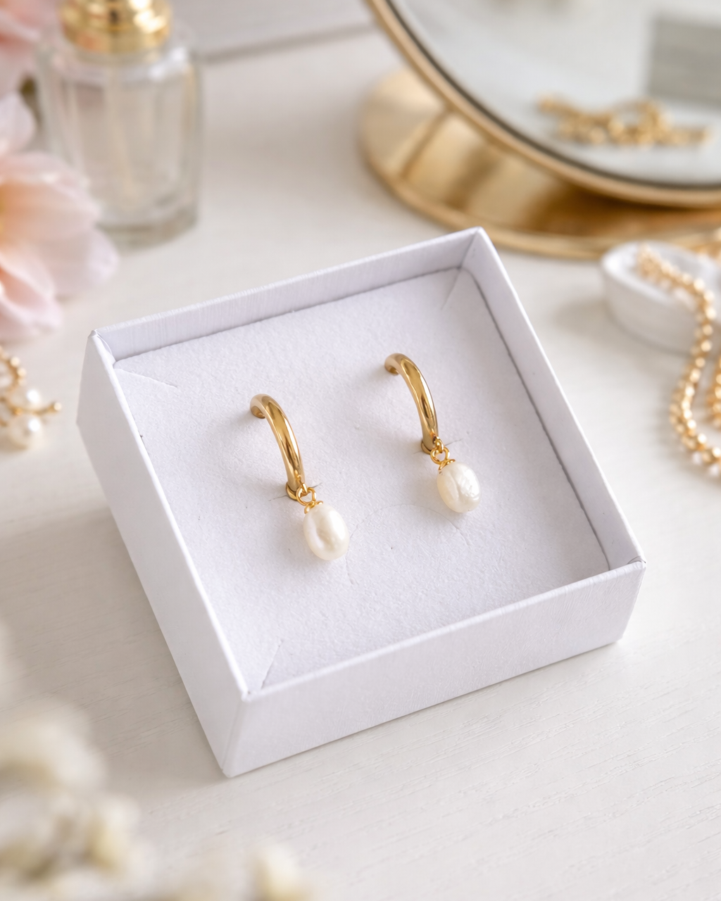 18K vergoldete Edelstahl Hoop Creolen mit Perle in heller Schmuckbox.